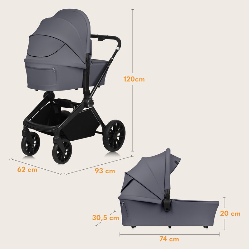Carucior 2 in 1, Lionelo, Mika Plus, Cadru din aluminiu, Cu landou intarit si salteluta moale, Reversibil, Cu sistem de ventilatie 3D, Cu accesorii, Pana la 22 kg, Conform cu EN1888-1 EN1888-2, EN1466, Gri - gogobaby.ro