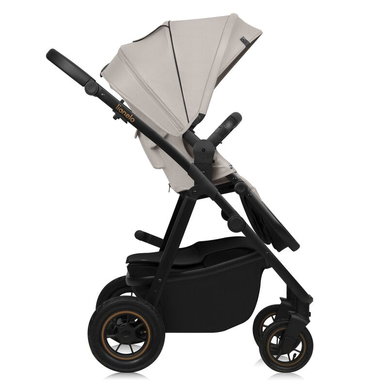 Carucior 3 in 1, Lionelo, Amber Plus, Cadru aluminiu, Cu landou intarit si salteluta moale, Cu scoica auto testata ADAC, Reversibil, Maner ajustabil, Cu accesorii, Cu ventilatie panoramica 3D, Pana la 22 kg, EN1888-1, EN1888-2, EN1466, ECE R129, Bej - gogobaby.ro