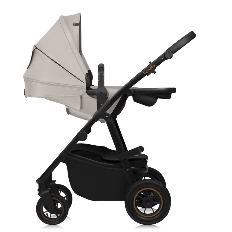 Carucior 3 in 1, Lionelo, Amber Plus, Cadru aluminiu, Cu landou intarit si salteluta moale, Cu scoica auto testata ADAC, Reversibil, Maner ajustabil, Cu accesorii, Cu ventilatie panoramica 3D, Pana la 22 kg, EN1888-1, EN1888-2, EN1466, ECE R129, Bej - gogobaby.ro