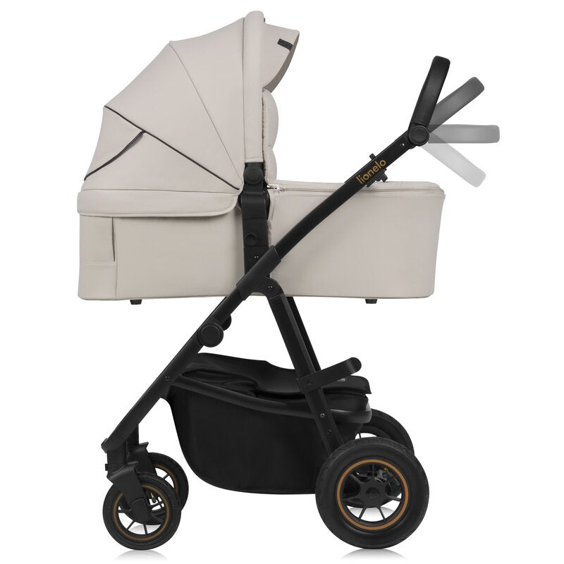 Carucior 3 in 1, Lionelo, Amber Plus, Cadru aluminiu, Cu landou intarit si salteluta moale, Cu scoica auto testata ADAC, Reversibil, Maner ajustabil, Cu accesorii, Cu ventilatie panoramica 3D, Pana la 22 kg, EN1888-1, EN1888-2, EN1466, ECE R129, Bej - gogobaby.ro