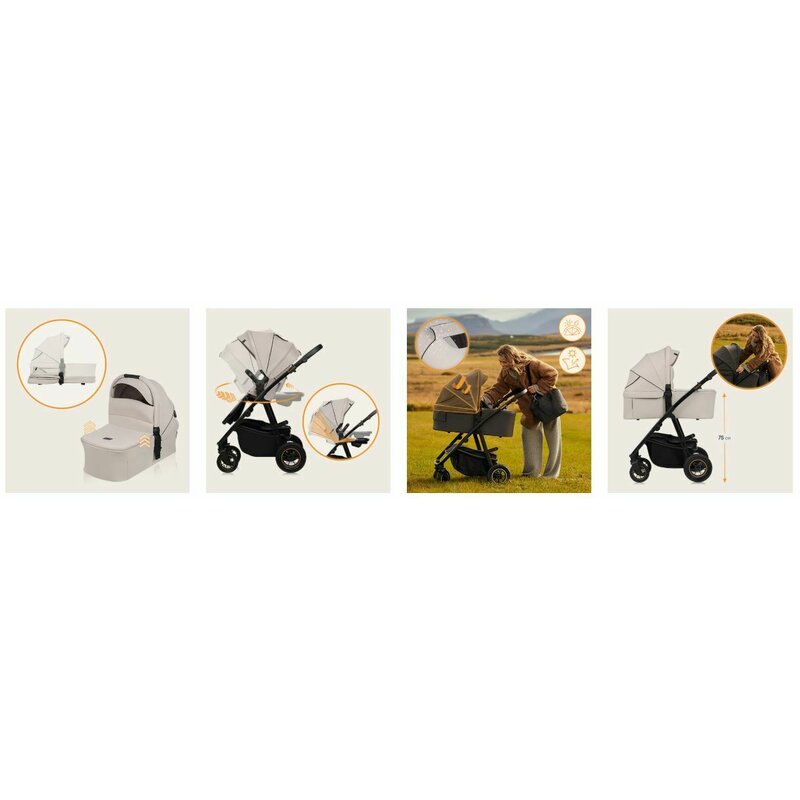 Carucior 3 in 1, Lionelo, Amber Plus, Cadru aluminiu, Cu landou intarit si salteluta moale, Cu scoica auto testata ADAC, Reversibil, Maner ajustabil, Cu accesorii, Cu ventilatie panoramica 3D, Pana la 22 kg, EN1888-1, EN1888-2, EN1466, ECE R129, Bej - gogobaby.ro