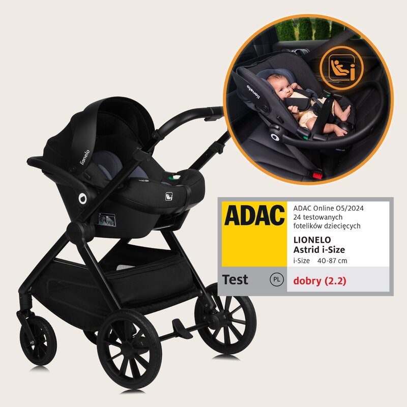 Carucior 3 in 1, Lionelo, Layla, Pana la 22 kg, Cadru aluminiu, Cu landou intarit si salteluta din spuma AirDots, Cu scoica auto testata ADAC, Reversibil, Cu ventilatie 3D, Cu accesorii, EN1888-1, EN1888-2, EN1466, Negru - gogobaby.ro