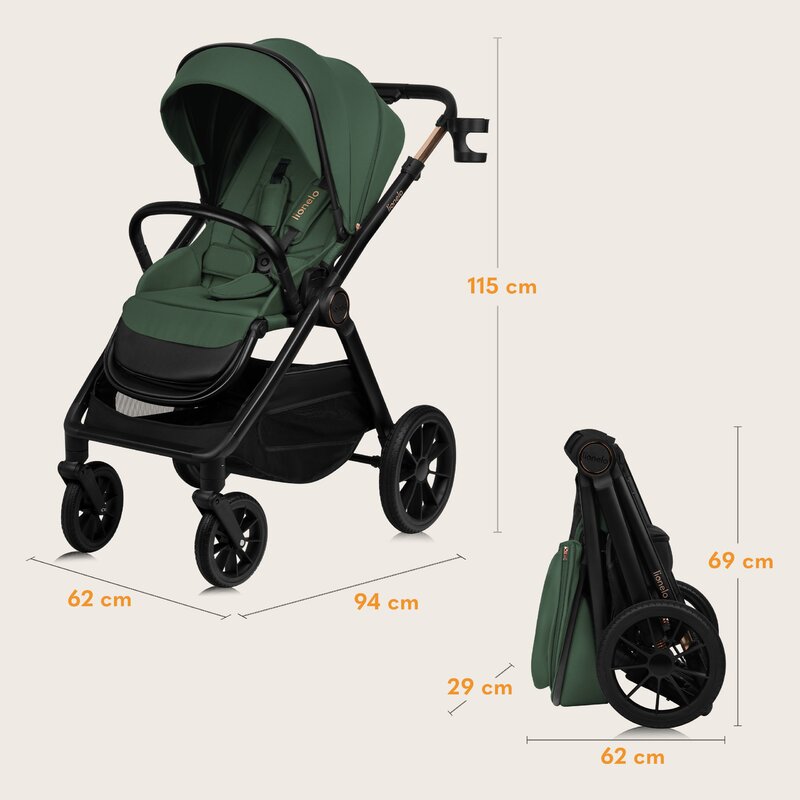 Carucior 3 in 1, Lionelo, Layla, Pana la 22 kg, Cadru aluminiu, Cu landou intarit si salteluta din spuma AirDots, Cu scoica auto testata ADAC, Reversibil, Cu ventilatie 3D, Cu accesorii, EN1888-1, EN1888-2, EN1466, Verde - gogobaby.ro