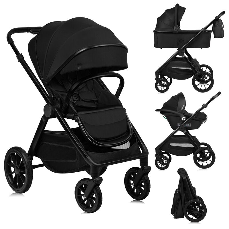 Carucior 3 in 1, Lionelo, Layla, Pana la 22 kg, Cadru aluminiu, Cu landou intarit si salteluta din spuma AirDots, Cu scoica auto testata ADAC, Reversibil, Cu ventilatie 3D, Cu accesorii, EN1888-1, EN1888-2, EN1466, Negru - gogobaby.ro