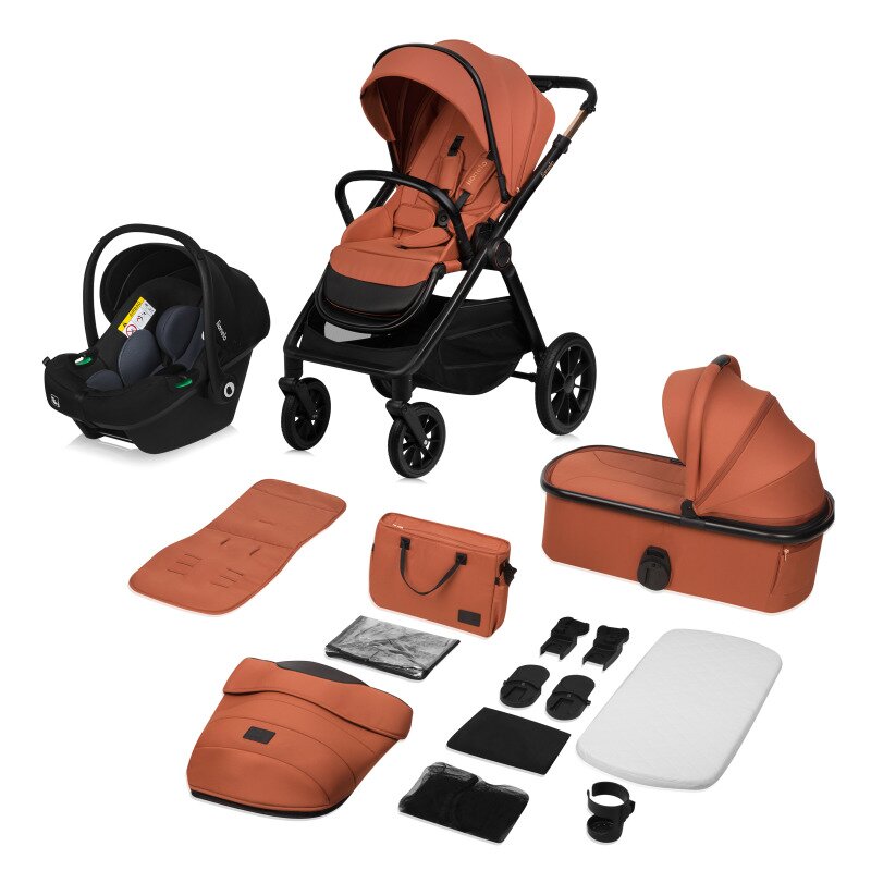 Carucior 3 in 1, Lionelo, Layla, Pana la 22 kg, Cadru aluminiu, Cu landou intarit si salteluta din spuma AirDots, Cu scoica auto testata ADAC, Reversibil, Cu ventilatie 3D, Cu accesorii, EN1888-1, EN1888-2, EN1466, Maro - gogobaby.ro