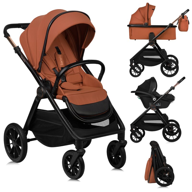 Carucior 3 in 1, Lionelo, Layla, Pana la 22 kg, Cadru aluminiu, Cu landou intarit si salteluta din spuma AirDots, Cu scoica auto testata ADAC, Reversibil, Cu ventilatie 3D, Cu accesorii, EN1888-1, EN1888-2, EN1466, Maro - gogobaby.ro