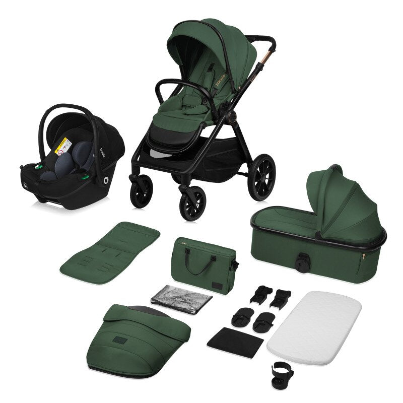 Carucior 3 in 1, Lionelo, Layla, Pana la 22 kg, Cadru aluminiu, Cu landou intarit si salteluta din spuma AirDots, Cu scoica auto testata ADAC, Reversibil, Cu ventilatie 3D, Cu accesorii, EN1888-1, EN1888-2, EN1466, Verde - gogobaby.ro