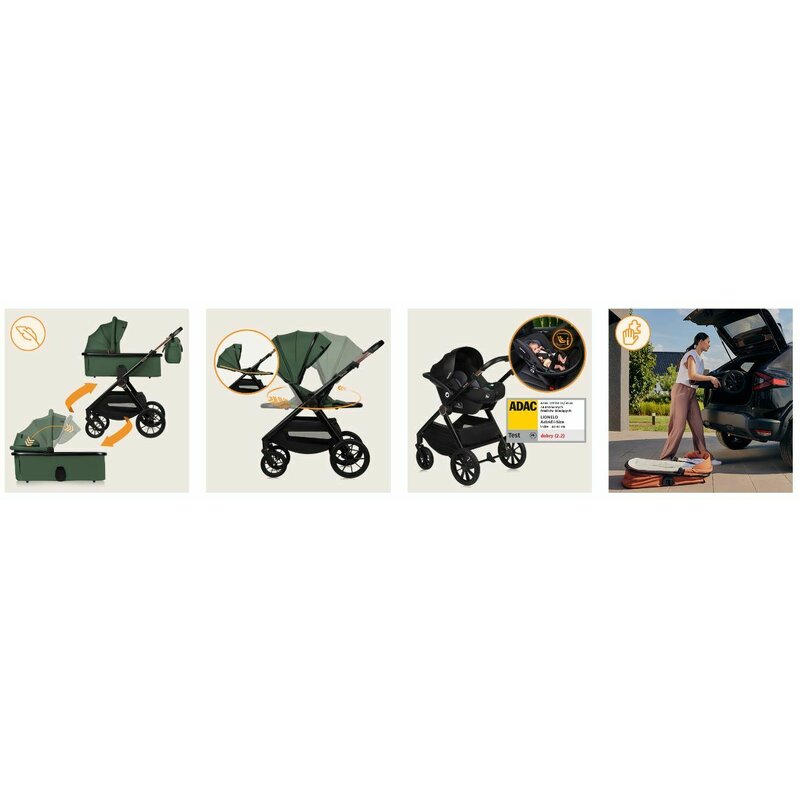 Carucior 3 in 1, Lionelo, Layla, Pana la 22 kg, Cadru aluminiu, Cu landou intarit si salteluta din spuma AirDots, Cu scoica auto testata ADAC, Reversibil, Cu ventilatie 3D, Cu accesorii, EN1888-1, EN1888-2, EN1466, Verde - gogobaby.ro