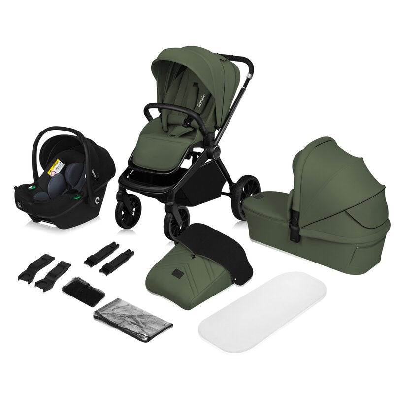 Carucior 3 in 1, Lionelo, Mika Plus, Cadru din aluminiu, Cu landou intarit si salteluta moale, Cu scoica auto testata ADAC, Reversibil, Cu sistem de ventilatie 3D, Cu accesorii, Pana la 22 kg, EN1888-1 EN1888-2 EN1466 ECE R129, Verde - gogobaby.ro