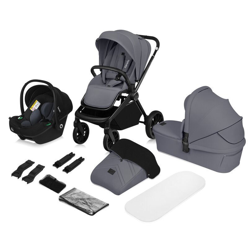 Carucior 3 in 1, Lionelo, Mika Plus, Cadru din aluminiu, Cu landou intarit si salteluta moale, Cu scoica auto testata ADAC, Reversibil, Cu sistem de ventilatie 3D, Cu accesorii, Pana la 22 kg, EN1888-1 EN1888-2 EN1466 ECE R129, Gri - gogobaby.ro