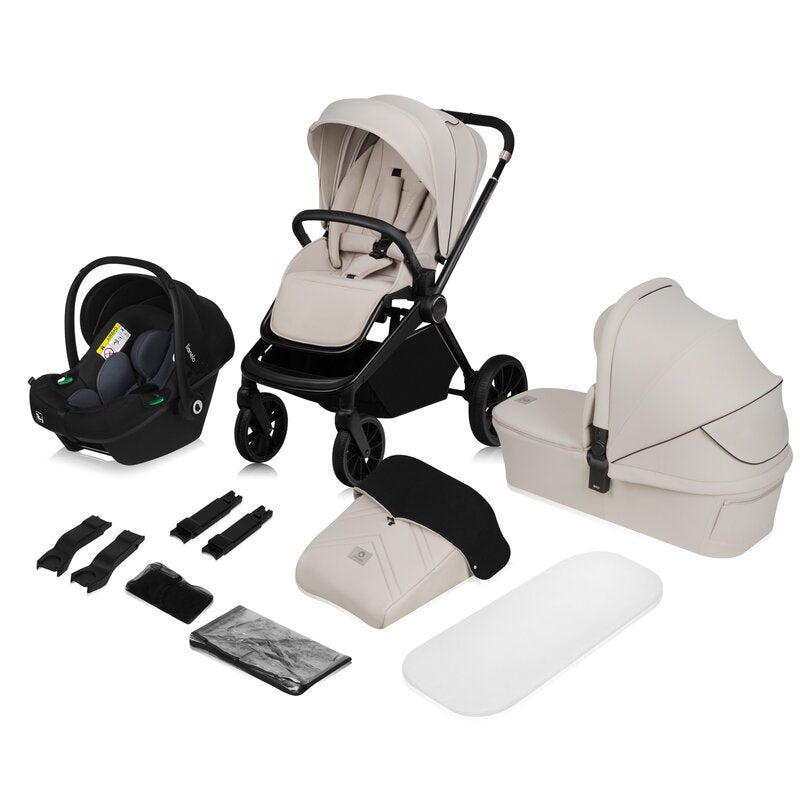 Carucior 3 in 1, Lionelo, Mika Plus, Cadru din aluminiu, Cu landou intarit si salteluta moale, Cu scoica auto testata ADAC, Reversibil, Cu sistem de ventilatie 3D, Cu accesorii, Pana la 22 kg, EN1888-1 EN1888-2 EN1466 ECE R129, Bej - gogobaby.ro