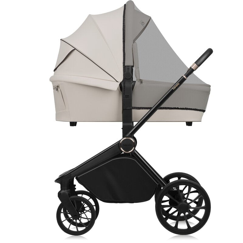 Carucior 3 in 1, Lionelo, Mika Plus, Cadru din aluminiu, Cu landou intarit si salteluta moale, Cu scoica auto testata ADAC, Reversibil, Cu sistem de ventilatie 3D, Cu accesorii, Pana la 22 kg, EN1888-1 EN1888-2 EN1466 ECE R129, Bej - gogobaby.ro