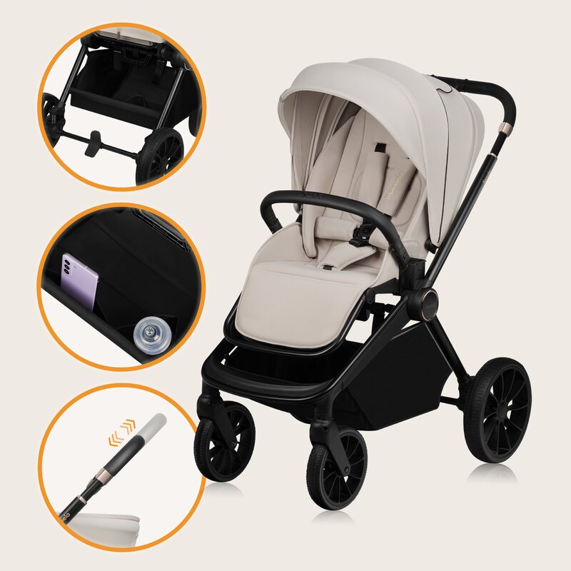 Carucior 3 in 1, Lionelo, Mika Plus, Cadru din aluminiu, Cu landou intarit si salteluta moale, Cu scoica auto testata ADAC, Reversibil, Cu sistem de ventilatie 3D, Cu accesorii, Pana la 22 kg, EN1888-1 EN1888-2 EN1466 ECE R129, Bej - gogobaby.ro