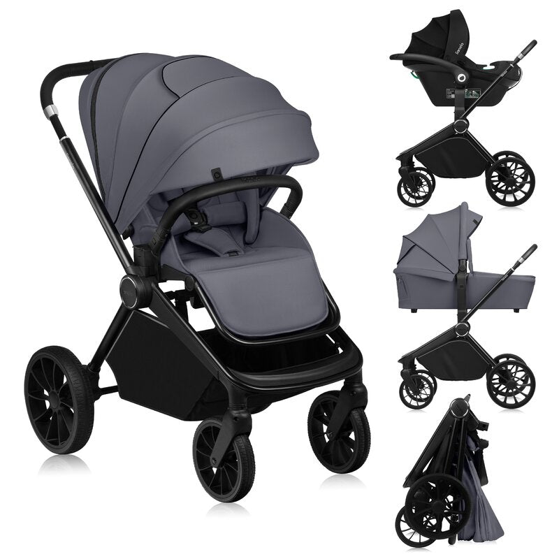 Carucior 3 in 1, Lionelo, Mika Plus, Cadru din aluminiu, Cu landou intarit si salteluta moale, Cu scoica auto testata ADAC, Reversibil, Cu sistem de ventilatie 3D, Cu accesorii, Pana la 22 kg, EN1888-1 EN1888-2 EN1466 ECE R129, Gri - gogobaby.ro