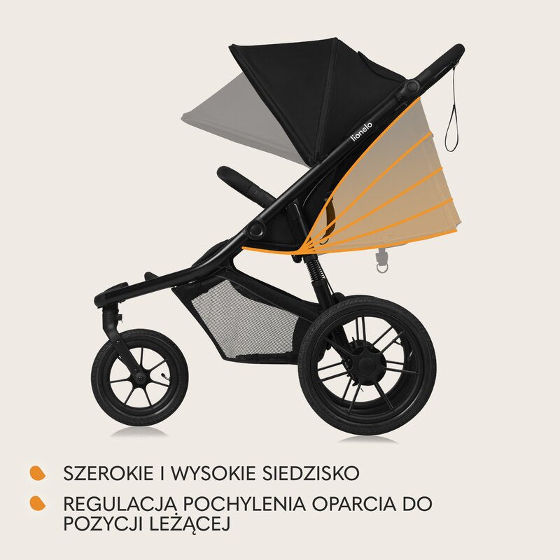 Carucior sport, Lionelo, Azura, Cu 3 roti, Cu baldachin XXL impermeabil, Pliere compacta, Pana la 22 kg, 6-48 luni, Conform cu standardele europene de securitate EN1888-1 si EN1888-2, Negru - gogobaby.ro