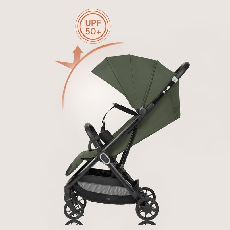 Carucior sport, Lionelo, Bess, Greutate redusa - 7.5 kg, Sustine 22 kg, 6 luni+, Capotina impermeabila, Protectie SPF 50+, Include suport sticla, Pliere cu o singura mana, Compact, Maner pentru transport, Conform cu EN1888-1 si EN1888-2, Verde - gogobaby.ro