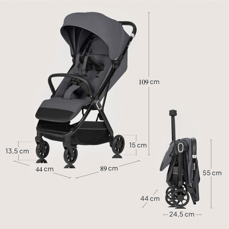 Carucior sport, Lionelo, Bess, Greutate redusa - 7.5 kg, Sustine 22 kg, 6 luni+, Capotina impermeabila, Protectie SPF 50+, Include suport sticla, Pliere cu o singura mana, Compact, Maner pentru transport, Conform cu EN1888-1 si EN1888-2, Gri - gogobaby.ro
