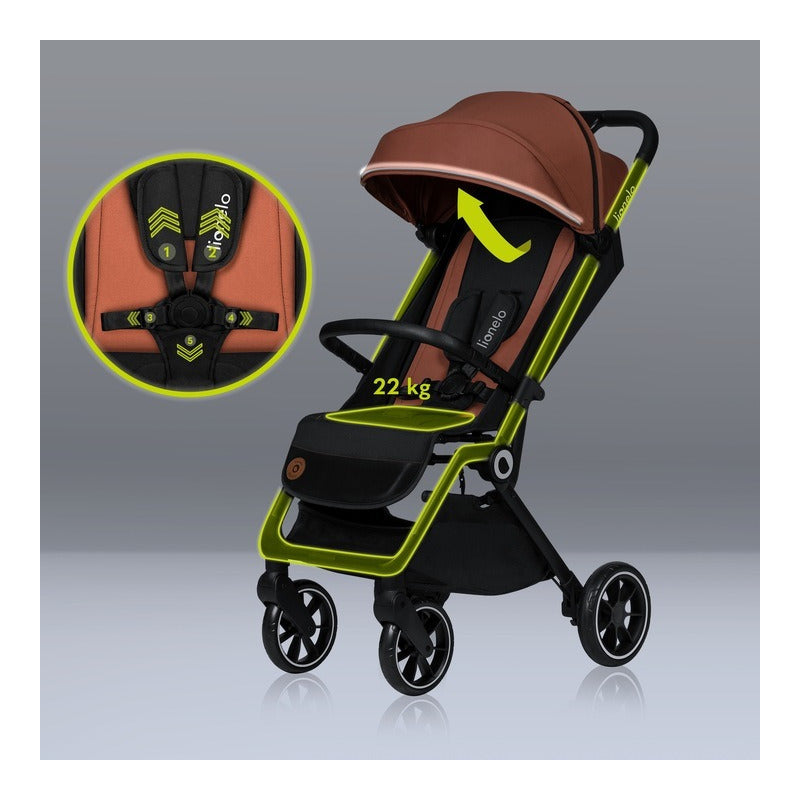 Carucior sport, Lionelo, Cloe, Cu accesorii, Cadru din aluminiu, Pana la 22 kg, Usor, Pliere compacta pentru avion, cu o singura mana, Ideal pentru toate tipurile de suprafete, 6 luni+, Maro - gogobaby.ro
