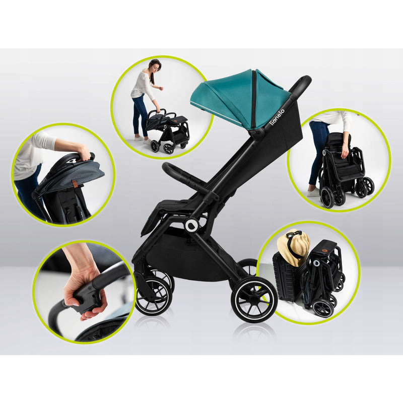 Carucior sport, Lionelo, Cloe, Cu accesorii, Cadru din aluminiu, Pana la 22 kg, Usor, Pliere compacta pentru avion, cu o singura mana, Ideal pentru toate tipurile de suprafete, 6 luni+, Verde Smarald - gogobaby.ro