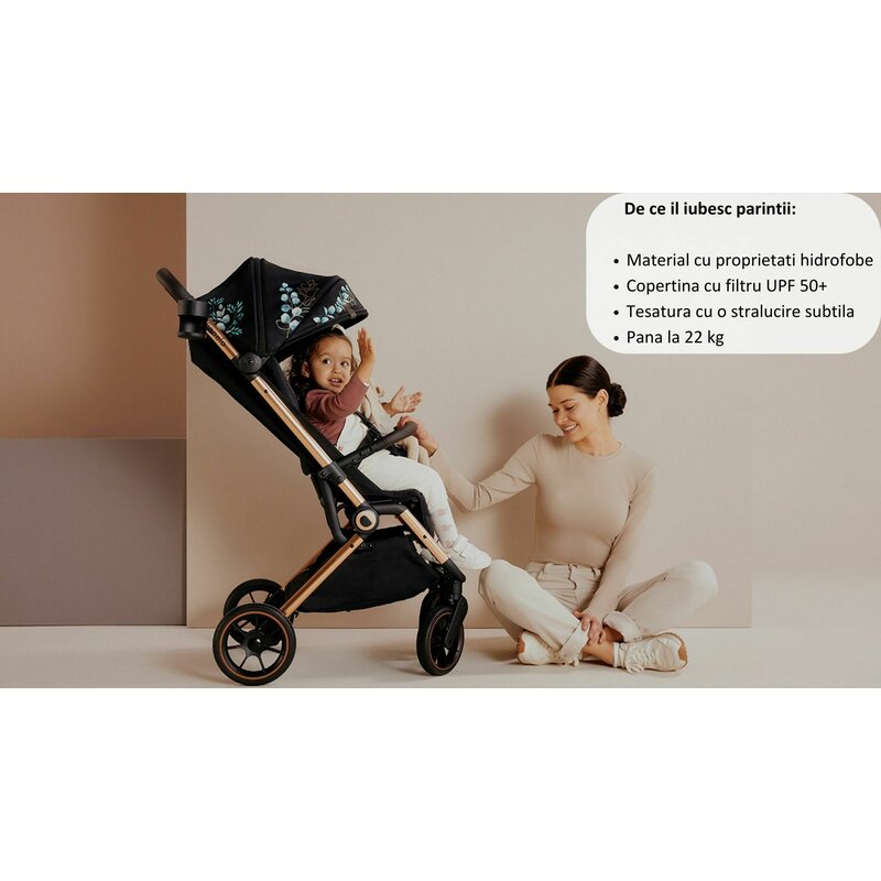 Carucior sport, Lionelo, Cloe, Golden Moments, Editie limitata, Cu accesorii, Cadru din aluminiu, Pana la 22 kg, Usor, Pliere compacta pentru avion, cu o singura mana, Ideal pentru toate tipurile de suprafete, 6 luni+, Negru - gogobaby.ro