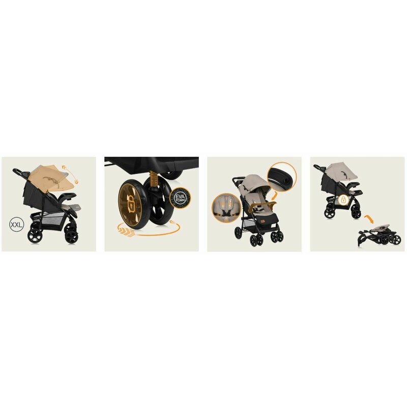 Carucior sport, Lionelo, Emma Plus, Cu tavita, 2 Suporturi pentru pahar, Geanta accesorii, Conform cu standardul european de securitate EN1888-1, Bej - gogobaby.ro
