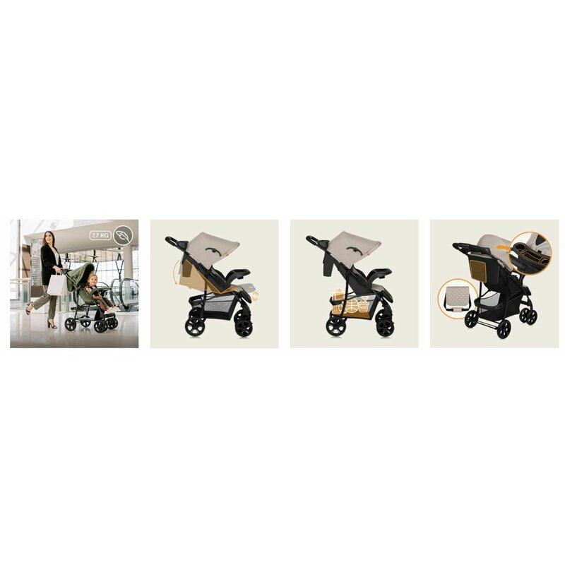 Carucior sport, Lionelo, Emma Plus, Cu tavita, 2 Suporturi pentru pahar, Geanta accesorii, Conform cu standardul european de securitate EN1888-1, Bej - gogobaby.ro