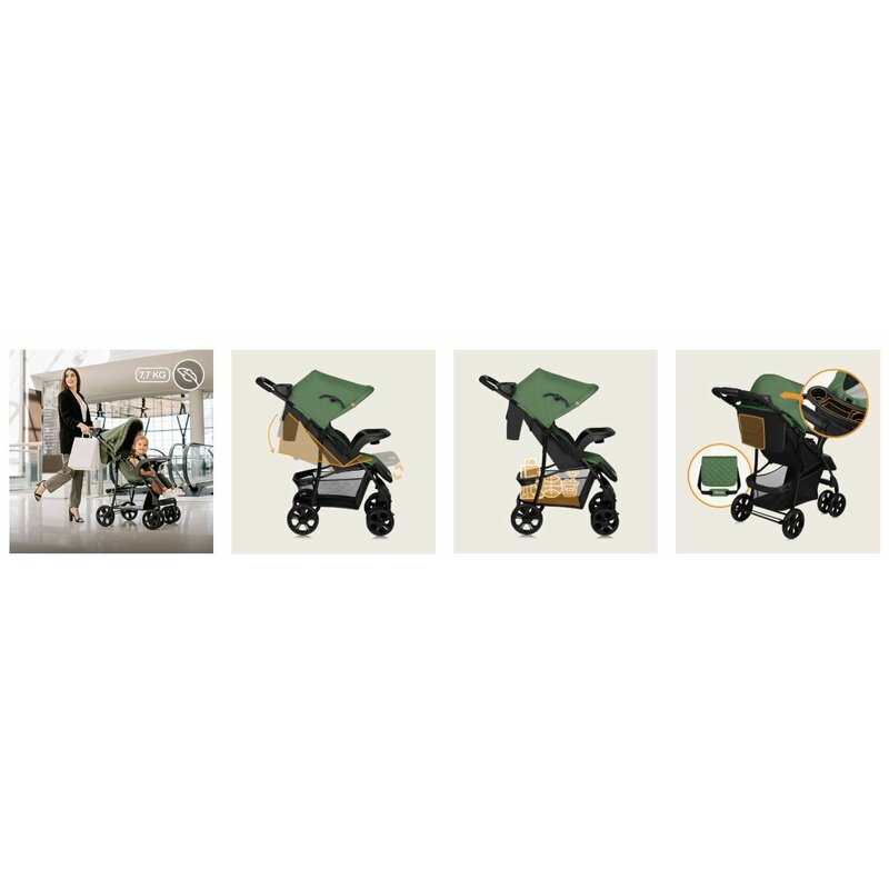 Carucior sport, Lionelo, Emma Plus, Cu tavita, 2 Suporturi pentru pahar, Geanta accesorii, Conform cu standardul european de securitate EN1888-1, Verde - gogobaby.ro