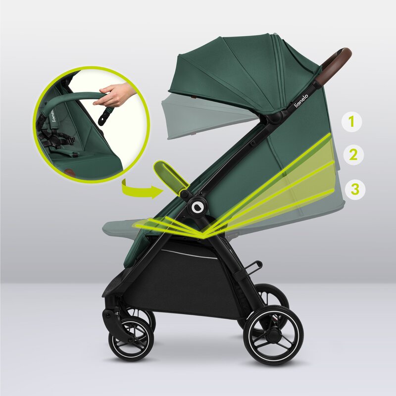 Carucior sport, Lionelo, Ingrid, Capotina impermeabila cu filtru UPF50+, Pana la 22 Kg, Spatar reglabil in 3 pozitii, Include suport pahar si plasa de tantari, Sistem pentru pliere automata, 6 luni+, Verde - gogobaby.ro