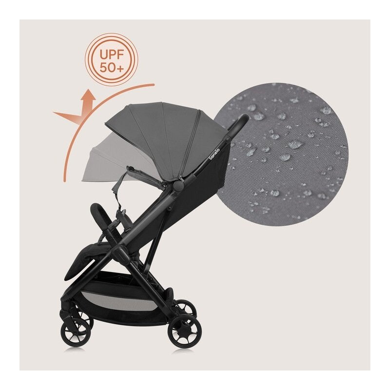 Carucior sport, Lionelo, Julie Air, Greutate redusa - 7.5 kg, Sustine 22 kg, 6 luni+, Capotina impermeabila, Protectie SPF 50+, Include suport sticla, Pliere compacta pentru calatorii, Conform cu EN1888-1 si EN1888-2, Gri - gogobaby.ro