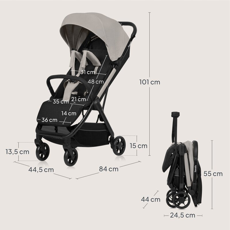Carucior sport, Lionelo, Julie Air, Greutate redusa - 7.5 kg, Sustine 22 kg, 6 luni+, Capotina impermeabila, Protectie SPF 50+, Include suport sticla, Pliere compacta pentru calatorii, Conform cu EN1888-1 si EN1888-2, Bej - gogobaby.ro