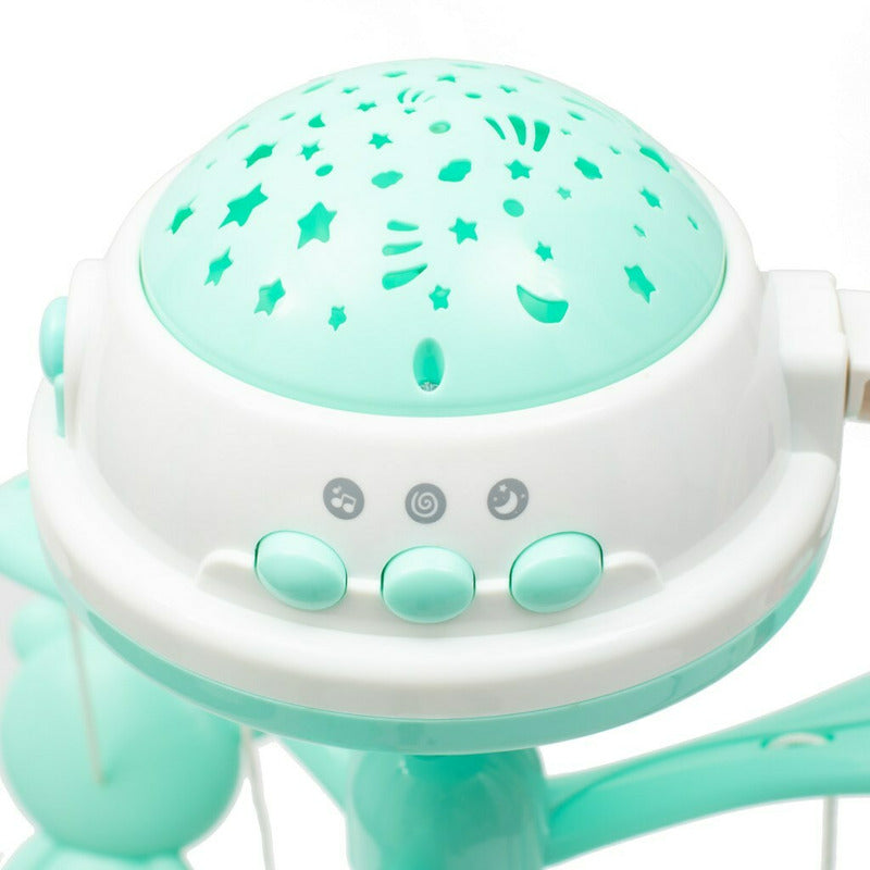 Carusel muzical, BabyMix, Pentru patut bebelusi, Cu proiectii, Cu melodii si sunete ale naturii, Cu 10 jucarii si ceas de jucarie pe suport, Mint - gogobaby.ro