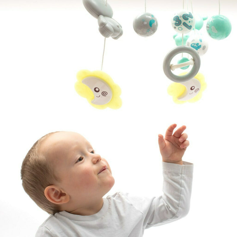 Carusel muzical, BabyMix, Pentru patut bebelusi, Cu proiectii, Cu melodii si sunete ale naturii, Cu 10 jucarii si ceas de jucarie pe suport, Mint - gogobaby.ro