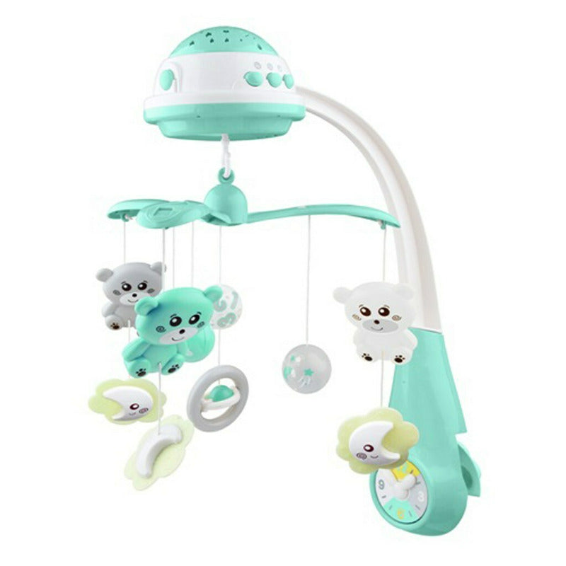Carusel muzical, BabyMix, Pentru patut bebelusi, Cu proiectii, Cu melodii si sunete ale naturii, Cu 10 jucarii si ceas de jucarie pe suport, Mint - gogobaby.ro