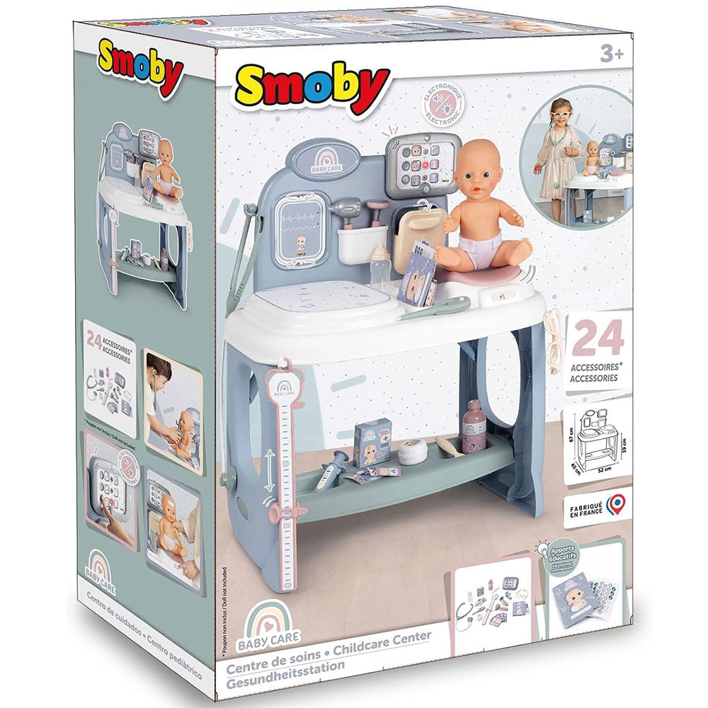 Centru de ingrijire pentru papusi Smoby Baby Care Center albastru cu accesorii - gogobaby.ro