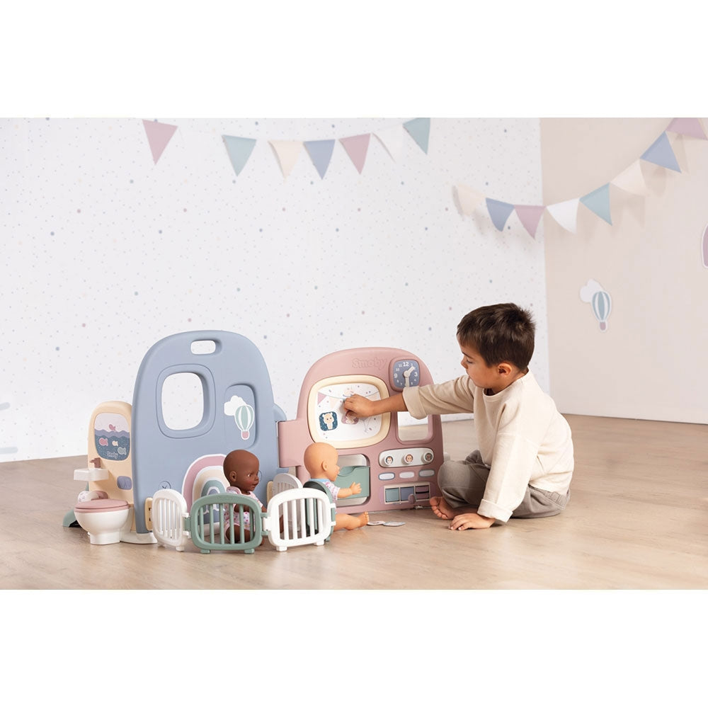 Centru de ingrijire pentru papusi Smoby Baby Care Childcare Center albastru roz cu accesorii - gogobaby.ro