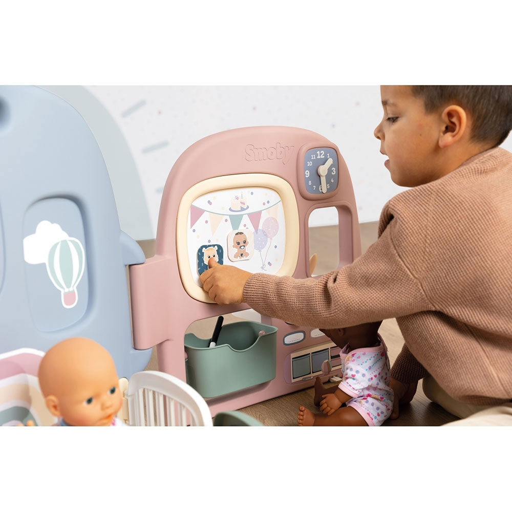 Centru de ingrijire pentru papusi Smoby Baby Care Childcare Center albastru roz cu accesorii - gogobaby.ro