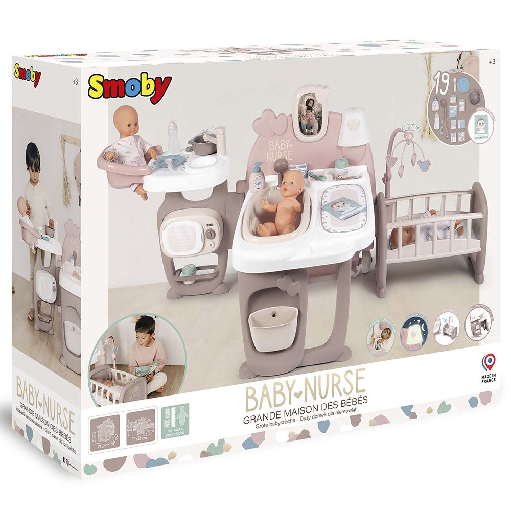 Centru de ingrijire pentru papusi Smoby Baby Nurse Doll`s Play Center maro cu 23 accesorii - gogobaby.ro