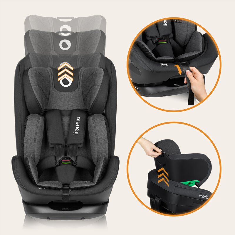 Scaun auto, Lionelo, Harper i-Size, Isofix, Cu centura TopTether, Cu spatar inclinabil in 5 pozitii, Cu tetiera reglabila in 13 pozitii, Cu tehnologie Dri Seat, Instalare cu fata inainte, 9-36 kg, 76-150 cm, Conform cu ECE R129, Gri - gogobaby.ro