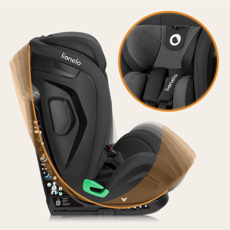 Scaun auto, Lionelo, Harper i-Size, Isofix, Cu centura TopTether, Cu spatar inclinabil in 5 pozitii, Cu tetiera reglabila in 13 pozitii, Cu tehnologie Dri Seat, Instalare cu fata inainte, 9-36 kg, 76-150 cm, Conform cu ECE R129, Gri - gogobaby.ro