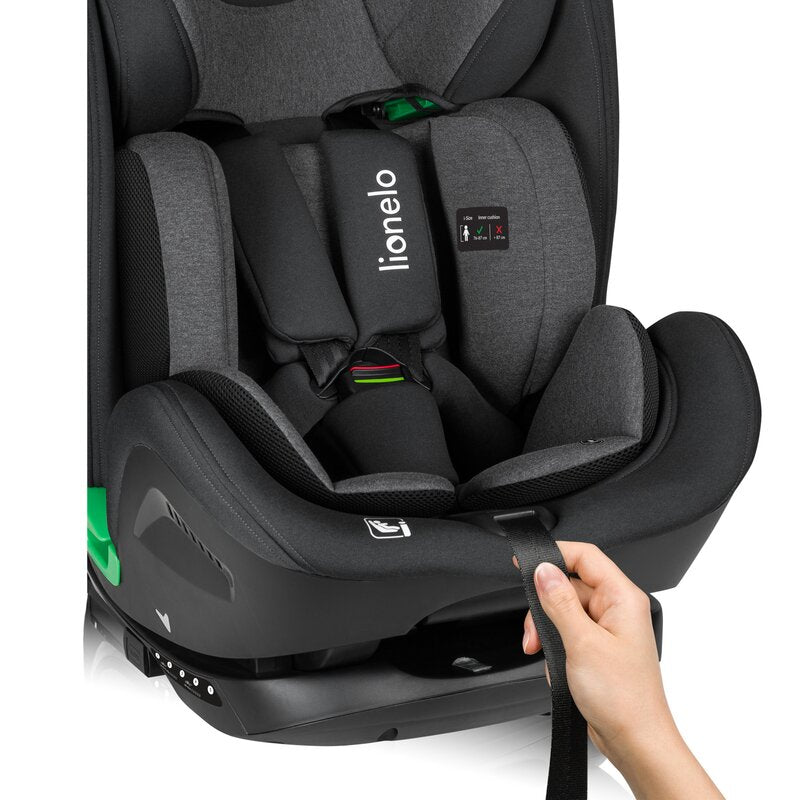 Scaun auto, Lionelo, Harper i-Size, Isofix, Cu centura TopTether, Cu spatar inclinabil in 5 pozitii, Cu tetiera reglabila in 13 pozitii, Cu tehnologie Dri Seat, Instalare cu fata inainte, 9-36 kg, 76-150 cm, Conform cu ECE R129, Gri - gogobaby.ro