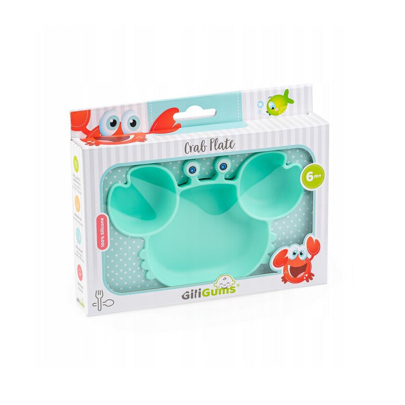 Farfurie, Giligums, Crab, Cu 3 compartimente, Cu ventuza, Din silicon, Fara BPA, 6 luni+, Turcoaz