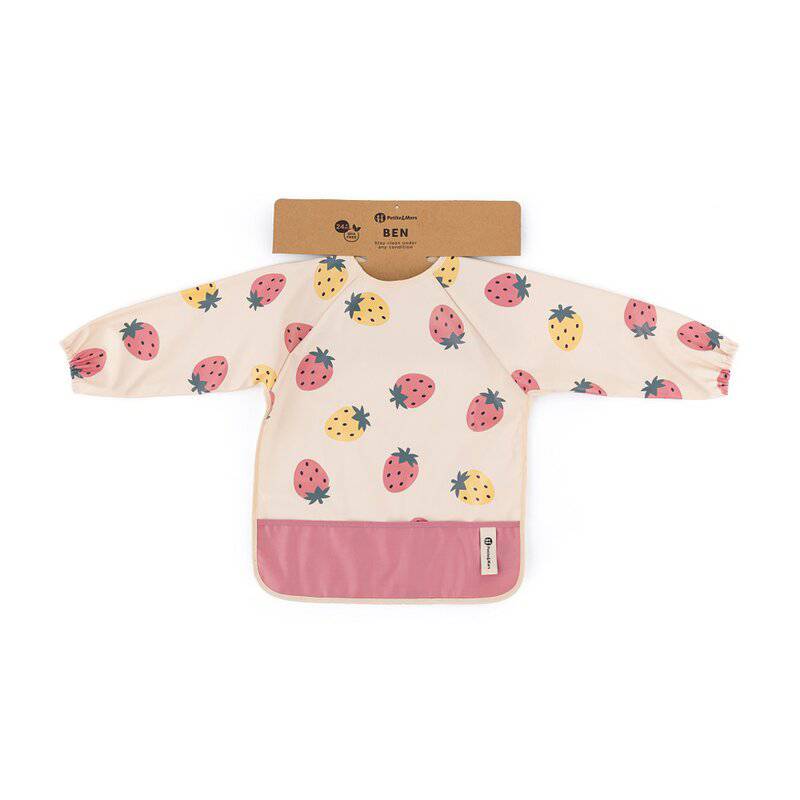 Baveta impermeabila, Petite&Mars, Cu maneci lungi, Usor de curatat, inchidere prin velcro, Dimensiune 38x42 cm, 24 luni+, Beige Strawberies - gogobaby.ro