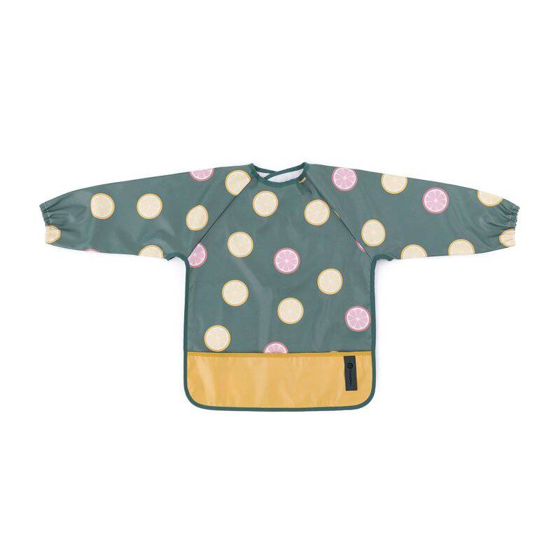 Baveta impermeabila, Petite&Mars, Cu maneci lungi, Usor de curatat, inchidere prin velcro, Dimensiune 38x42 cm, 24 luni+, Beige Citrus - gogobaby.ro