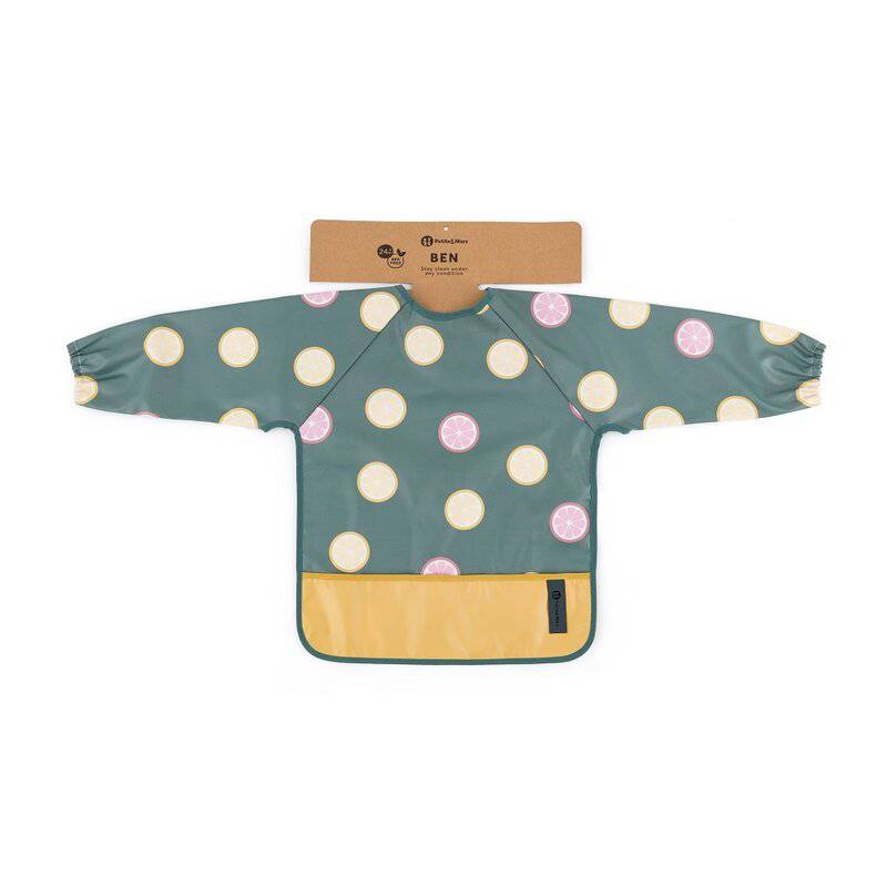 Baveta impermeabila, Petite&Mars, Cu maneci lungi, Usor de curatat, inchidere prin velcro, Dimensiune 38x42 cm, 24 luni+, Beige Citrus - gogobaby.ro
