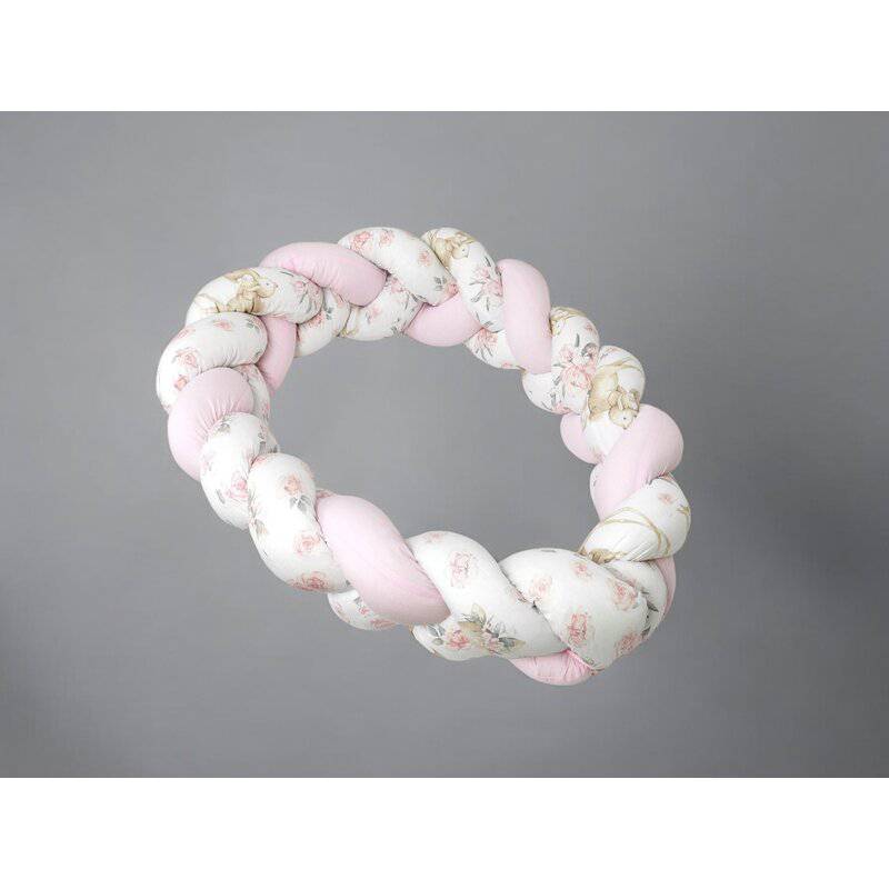 Protectie laterala, MimiNu, Pentru patut bebe, Tip Bumper impletit, Din bumbac, Din materiale certificate Oeko Tex Standard 100, Lungime 220 cm, Sweet Deer Pink - gogobaby.ro