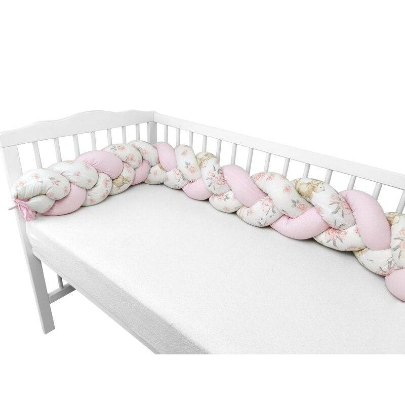 Protectie laterala, MimiNu, Pentru patut bebe, Tip Bumper impletit, Din bumbac, Din materiale certificate Oeko Tex Standard 100, Lungime 220 cm, Sweet Deer Pink - gogobaby.ro