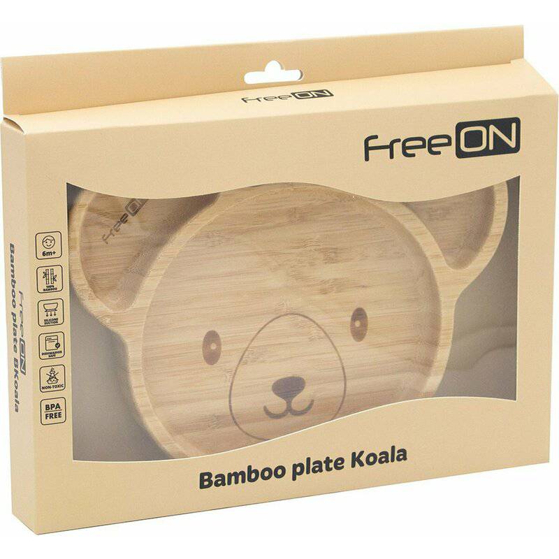 Farfurie compartimentata, FreeON, Din bambus, Cu ventuza, Conform cu standardul european de securitate EN 14372:2004, Bear - gogobaby.ro