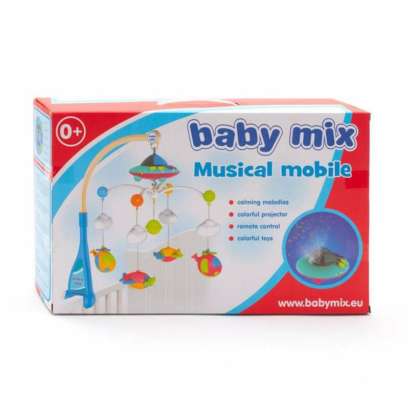 Carusel muzical, BabyMix, Pentru patut bebelusi, Cu proiectii, Cu 107 melodii si sunete ale naturii, Cu 4 jucarii, Blue - gogobaby.ro
