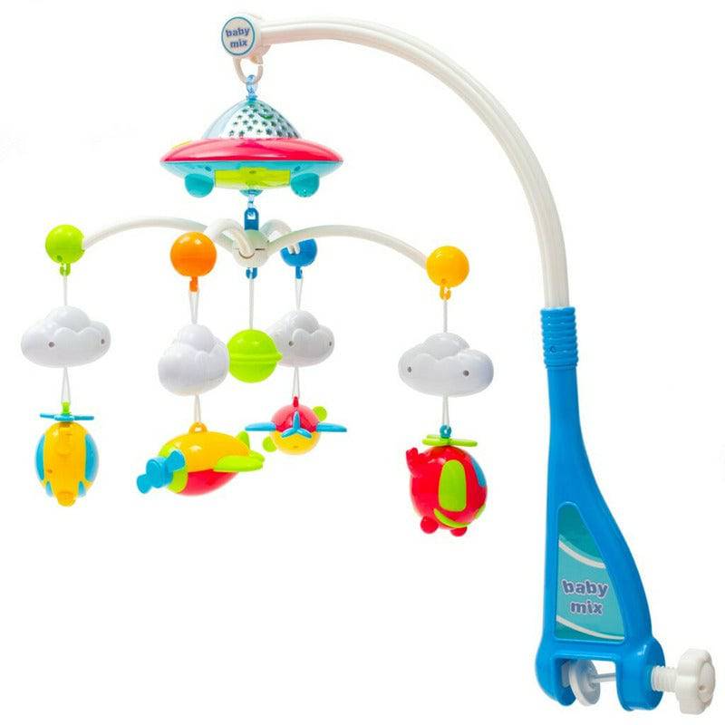 Carusel muzical, BabyMix, Pentru patut bebelusi, Cu proiectii, Cu 107 melodii si sunete ale naturii, Cu 4 jucarii, Blue - gogobaby.ro
