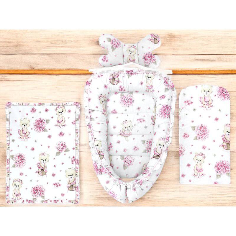 Set 4 in 1 Cosulet bebelus, MimiNu, Baby Cocoon 75x55 cm, Husa bumbac, Din bumbac certificat Oeko Tex Standard 100, Cu paturica 50x70 cm, Cu salteluta, Cu perna fluture, Design, Pink Ballerina - gogobaby.ro